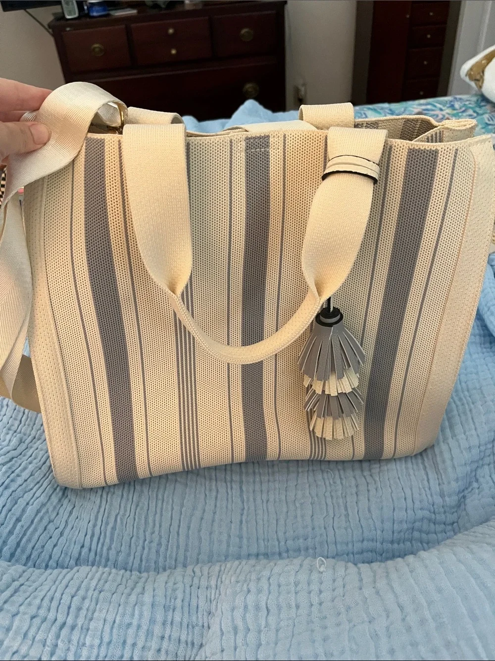 Wild Flower Cream & Gray Striped Canvas Tote with Tassel Accent
